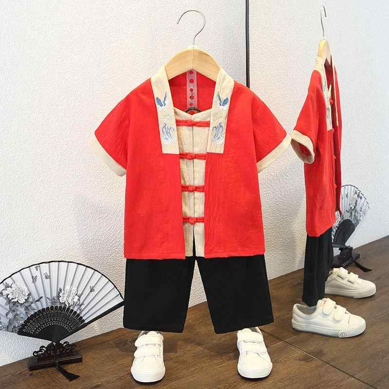 子供用チャイナドレス 春夏 中国風 古風 唐装 演出服 セットアップ 綿100% 半袖 練習着 舞台衣装 かわいい 鶴柄 鹿柄 龍柄 花柄 レッド ブルー ピンク グリーン 90 100 110 120 130 140