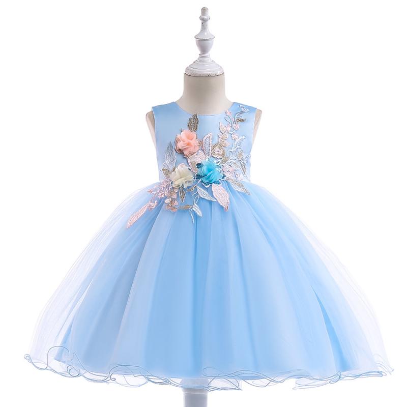 子供用ドレス 女の子 ノースリーブワンピース 立体アップリケ ピアノ 発表会 結婚式 パーティー フォーマル チュールスカート 春夏 秋冬 シャンパン ピンク 水色
