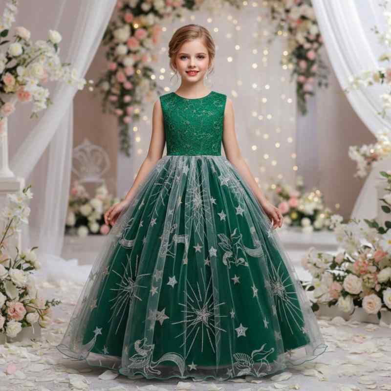 子供用ドレス 星柄 クリスマス ロングドレス ノースリーブ チュールスカート 発表会 結婚式 パーティー フォーマル ピンク系 レッド グレー グリーン ブルー 120cm 130cm 140cm 150cm 160cm 170cm
