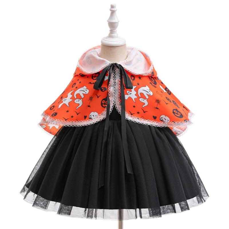 子供用 ハロウィン コスチューム 魔女 プリント ワンピース チュール スカート ケープ付き かわいい 仮装 発表会 舞台衣装 パーティー イベント ブラック オレンジ系 春秋 春夏 秋冬 70 80 90 100 110(x3)