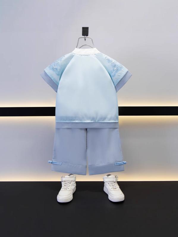 キッズ チャイナ服 唐装 セットアップ 子供服 男の子 新中国スタイル 民族衣装 コスチューム 発表会 舞台衣装 ポリエステル プリント 薄手 90cm 100cm 110cm 120cm 130cm 140cm 150cm 160cm 170cm ブル