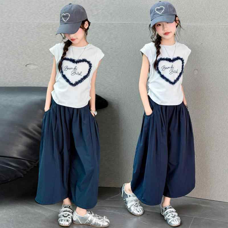 子供服 女の子 夏服 セットアップ 半袖 ワイドレッグパンツ 2点セット ガールズ おしゃれ かわいい 薄手 トップス パンツ 上下セット 普段着 部屋着 韓国風