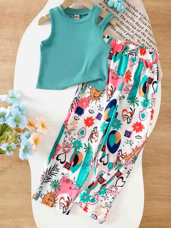 パンツセット キッズ 女の子 ノースリーブ トップス ロングパンツ 上下セット 子供服 春夏 普段着 孔雀グリーン