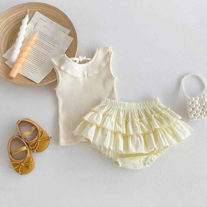 ベビー服 女の子 上下セット ノースリーブ トップス ブルマパンツ 2点セット 薄手 夏物 綿100% 幼児 赤ちゃん かわいい おしゃれ お出かけ 保育園 普段着 ベージュ系