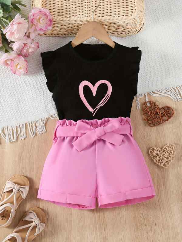 子供服 セットアップ 女の子 夏物 トップス & パンツ 2点セット 幼児 かわいい ハート柄 半袖 薄手 ズボン 普段着 ベビー ガールズ ブラック