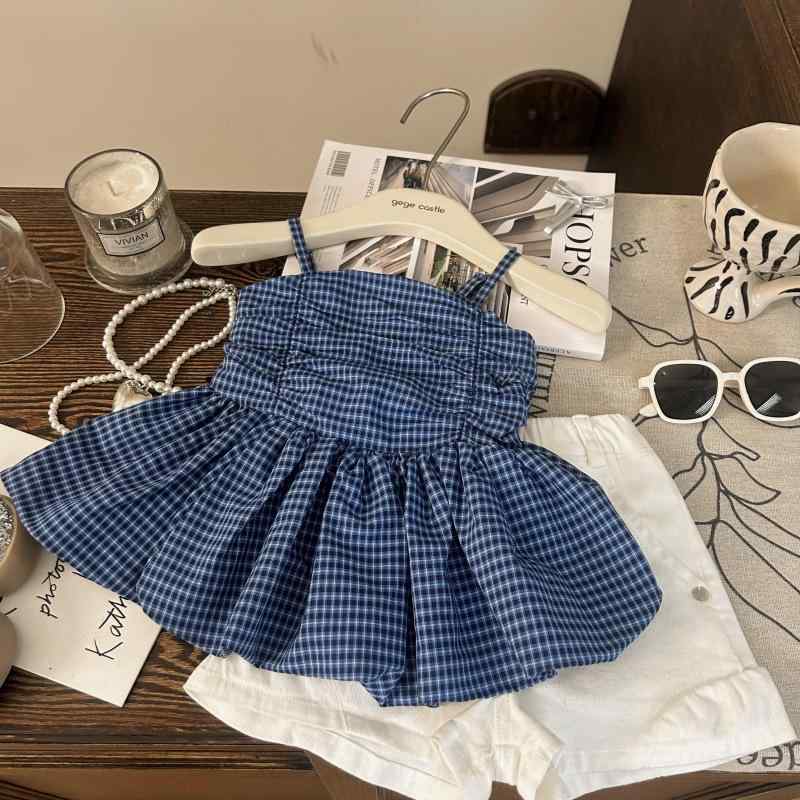 子供服 女の子 格子柄 キャミソール トップス 白 短パン 2点 セットアップ 薄手 コットン 普段着