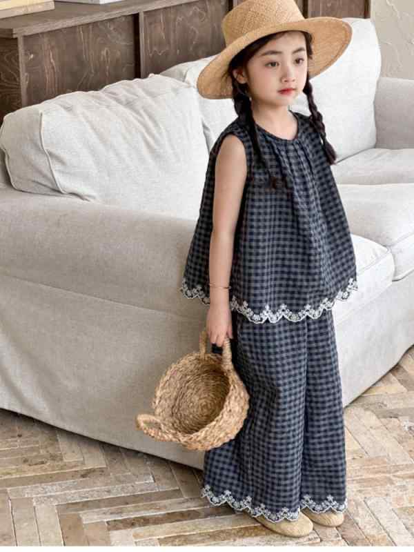 キッズ 女の子 夏服 上下セット 格子柄 ノースリーブ トップス パンツ