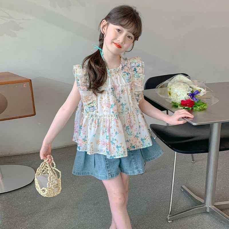 子供服 女の子 夏物 上下セット フレンチスタイル 花柄 ブラウス ショートパンツ 2点セット かわいい ガールズ ベビー 普段着 お出かけ