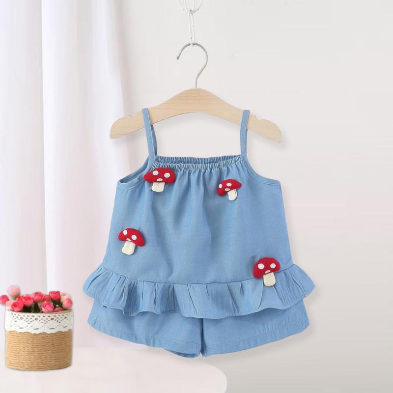 子供服 セットアップ 女児 韓国風 キノコ柄 ベスト デニム ショートパンツ 2点 薄手 夏 幼児 ベビー服 かわいい おしゃれ