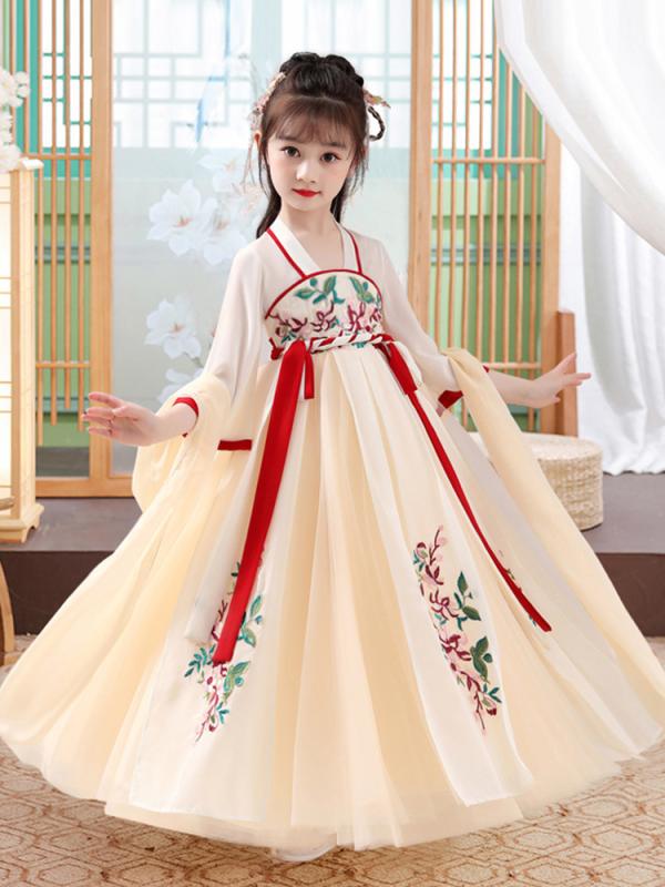 ワンピース 子供 女の子 唐装 漢服 チャイナドレス 春夏 秋 花柄 レース チュール プリンセス風 シャンパン色 発表会 演奏会 110cm 120cm 130cm 140cm 150cm 160cm