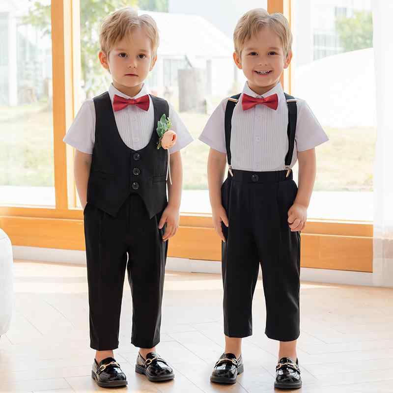 子供用フォーマルスーツ 男の子 半袖シャツ ベスト サロペット 4点セット 発表会 結婚式 イベント 舞台衣装 ポリエステル 春夏