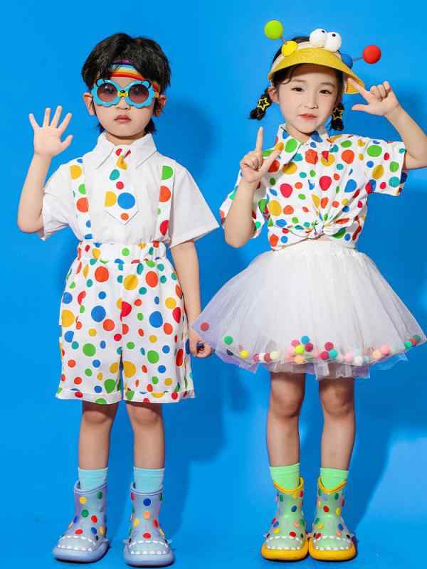 子供用フォーマルウェア セットアップ 男の子 女の子 半袖シャツ ドット柄 チュールスカート カラフル 水玉模様 ハット 帽子 虹色 ヘアバンド 髪飾り 靴下 ソックス 春夏 発表会 舞台衣装 幼稚園 小学生 イベント パーティー