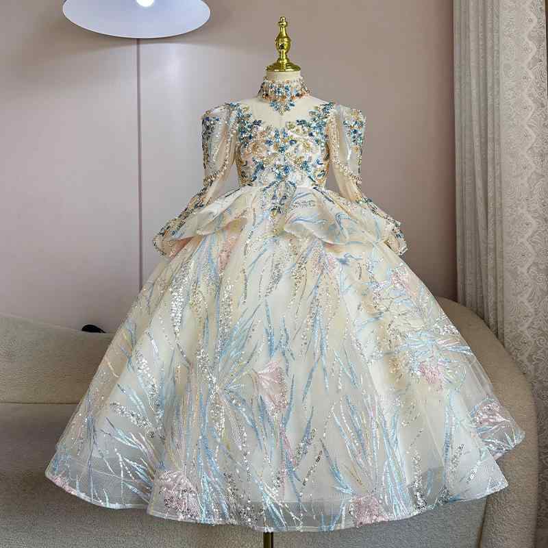 子供用ドレス ガールズ フォーマル パフスリーブ チュールスカート シャンパンカラー 発表会 演奏会 結婚式 パーティー 春夏秋冬