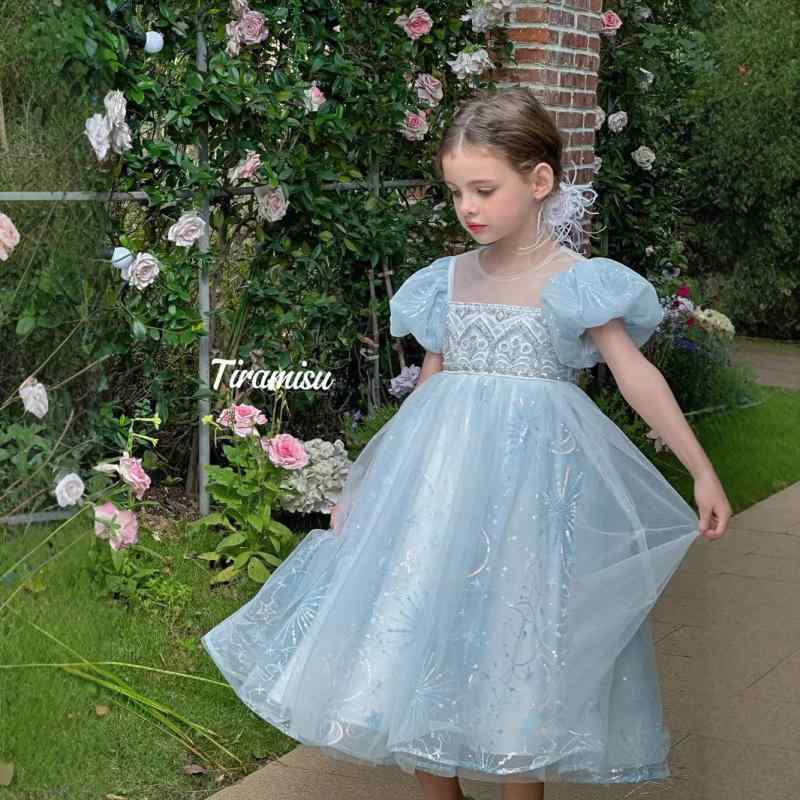 ワンピース 子供 女の子 プリンセス エルサ風 ドレス 半袖 コットン 淡いブルー 発表会 演奏会 誕生日 結婚式 パーティー 春夏