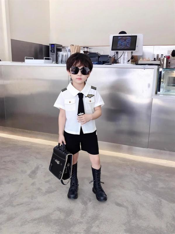 キッズ 男の子用 半袖 セットアップ パイロット 接触冷感 薄手 夏服 上下セット 短パン ハーフパンツ
