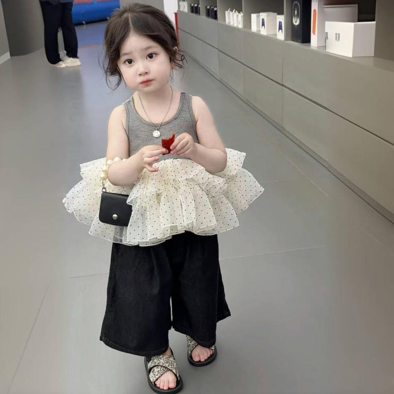 ベビー服 女の子 上下セット ノースリーブ 水玉 メッシュ トップス ワイドパンツ 2点セット 綿100％ かわいい 夏