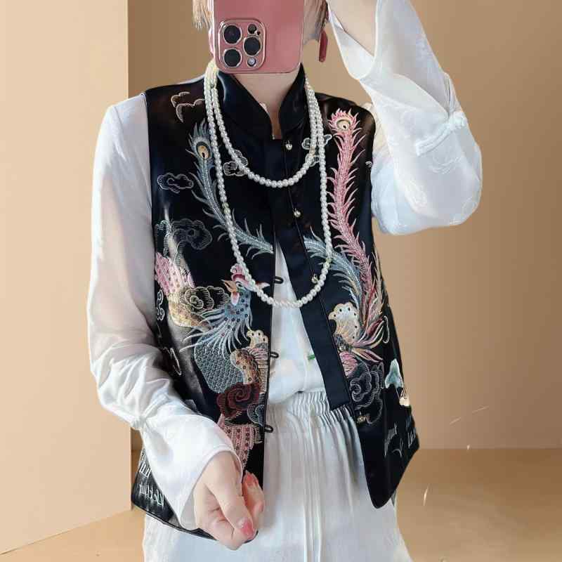 ベスト レディース ニット 春夏 ノースリーブ チャイナ風 唐装 ピンク系 ブラック M L XL 2XL 3XL 涼しい 接触冷感