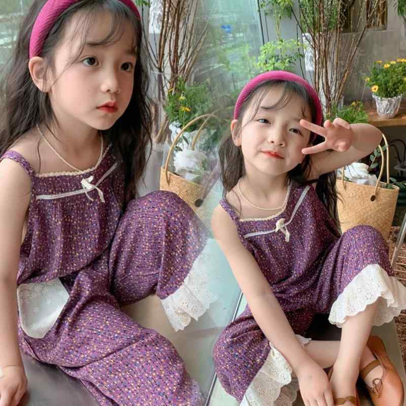 ちびっ子服 お嬢さん 上っ張り キッズ 3歳 4歳 5歳 6歳 7歳 8歳 綿 花柄 ワイドレッグパンツ 高腰 夏 愛くるしい ガールズ お嬢さん 長ズボン 普段着(x200)