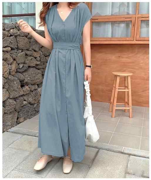 ワンピース 女性用 春夏 短袖 ロングドレス Vネック 系リボン 切り替え ワイドシルエット コットン 麻 格子柄 通勤 気質 ゆったり スリム かわいい 清新 スタイル 軽量 吸湿 通勤用 普段使い 部屋着 アウトドア ベーシック 単品 ブラック グリ