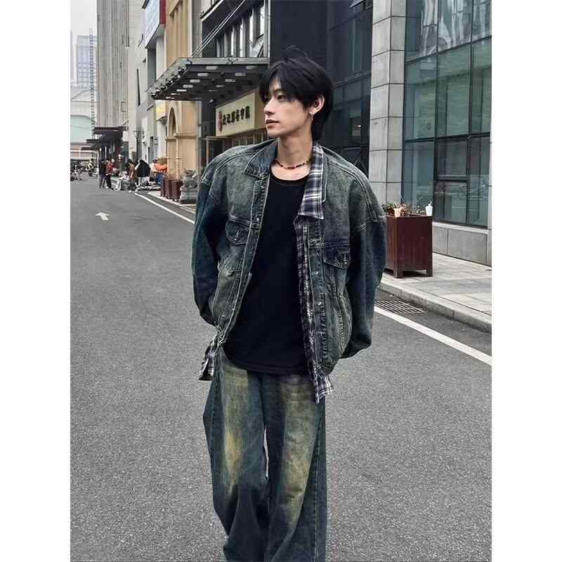 メンズ ジャケット 牛仔 ブルー 長袖 立領 不対称 デザイン ゆったり シルエット 単排ボタン 青少年 向け ストリート スタイル 耐久性 ポリエステル 混紡 加工 洗い加工 ハンガリー 風 ミリタリー 調 多ポケット 明線 ステッチ ポケット コット