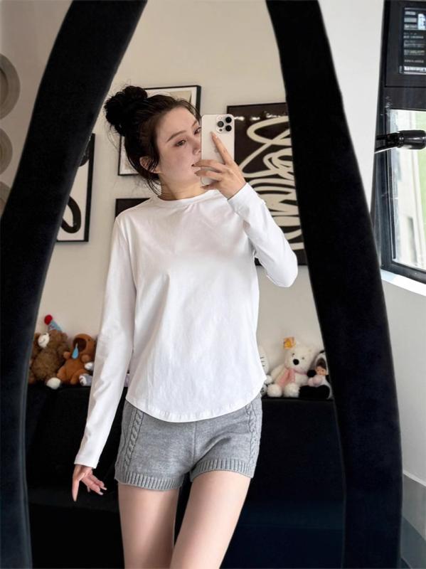 Tシャツ レディース 長袖 春夏 インナー トップス カットソー ラウンドヘム 綿混紡 伸縮性 微弾性 カジュアル 普段使い 白 灰色 ピンク系 ブルーグリーン