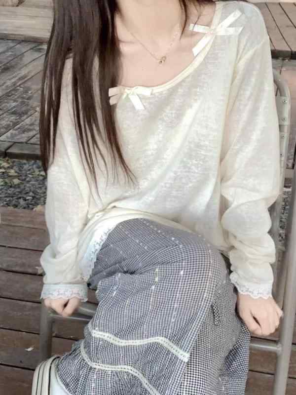 T シャツ 女性用 杏色 薄手 長袖 蝶結び レース 防晒 春夏 ワイドシルエット ポリエステル スパンデックス 接触冷感 吸湿速乾 ラウンドネック 通勤 カジュアル トップス