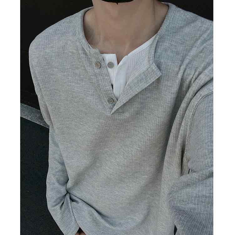 Tシャツ メンズ 長袖 ヘンリーネック プルオーバー ポリエステル 混紡 無地 切り替え ルームウェア 普段使い スタイル 春秋 灰色 黒