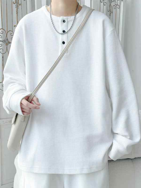 Tシャツ 男性用 ヘンリーネック ワッフル 長袖 カットソー ルーズフィット インナー ポリエステル 花灰色 黒色 白色