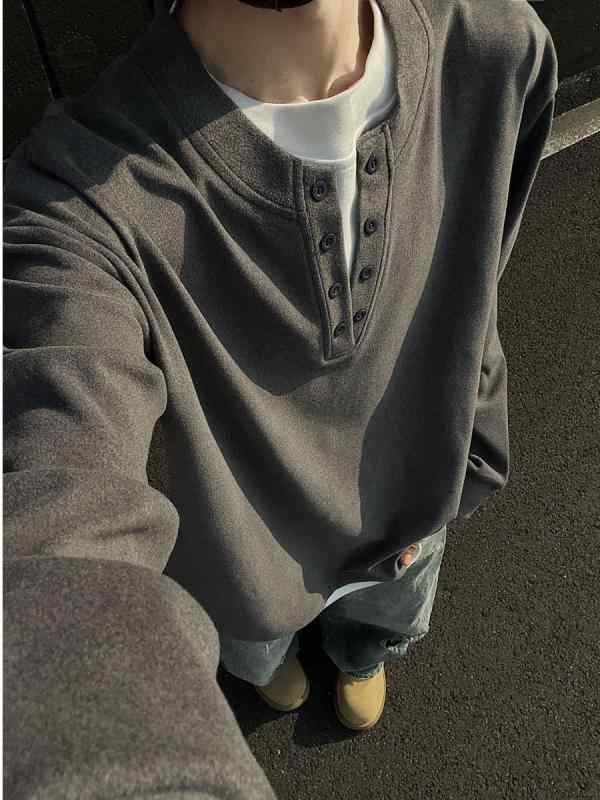 Tシャツ メンズ ヘンリーネック カットソー 長袖 レイヤード風 Vネック トレーナー トップス プルオーバー ゆったり 接触冷感 吸湿速乾 ポリエステル 無地 春秋冬 普段使い 部屋着