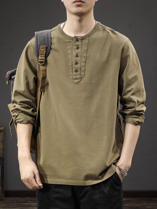 Tシャツ メンズ 長袖 秋物 アメリカン レトロ トレーナー ゆったり ヘンリーネック トップス カットソー 綿 カジュアル 普段使い