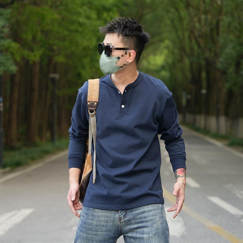 Tシャツ 男性用 ヘンリーネック トップス カットソー 長袖 コットン ビッグサイズ ゆったり 復古 ミリタリー 無地