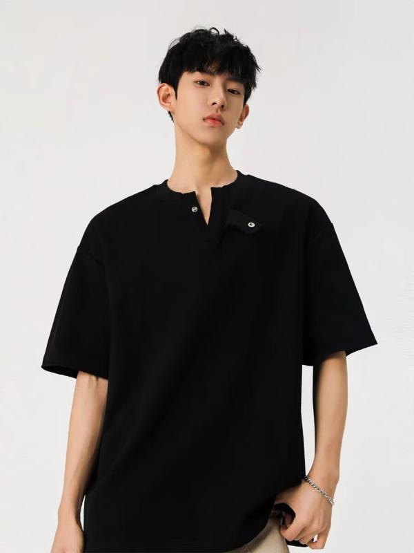 Tシャツ 男性用 ヘンリーネック 半袖 コットン混紡 ゆったり トップス アメカジ スタイル デザイン インナー 白 黒