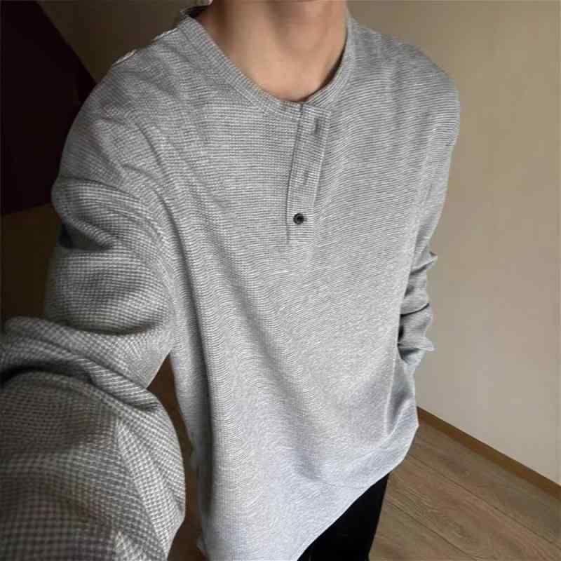 Tシャツ 男性用 ワッフル 長袖 ヘンリーネック カットソー グレー 伸縮性 レトロ トップス ルームウェア 普段使い
