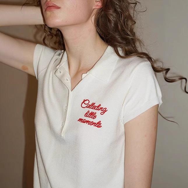 Tシャツ レディース 半袖 ポロネック ニット ヘンリーネック トップス 夏 ホワイト 配色 刺繍 ゆったり 接触冷感