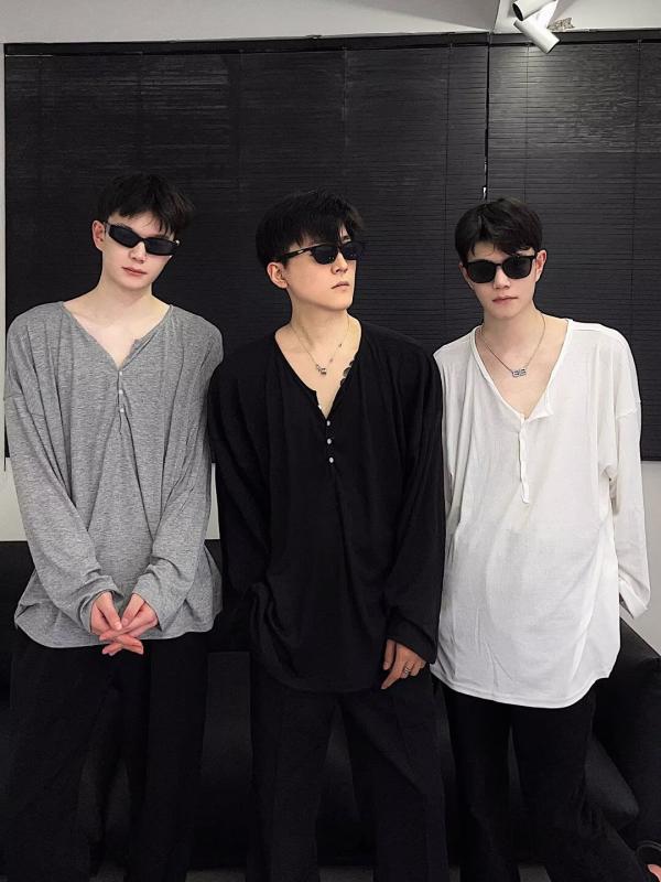 Tシャツ 男性用 シルク風 なめらか 肌触り 長袖 ゆったり Uネック ヘンリーネック ドロップショルダー カジュアル トップス カットソー