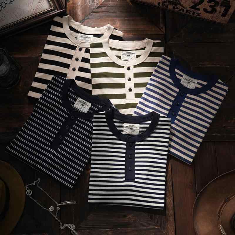 Tシャツ 男性用 ヘンリーネック ストライプ ウォッシュドコットン 海魂風 カットソー トップス 快適 通気性 抗菌 吸湿速乾 240g 紳士 リラックス 普段使い