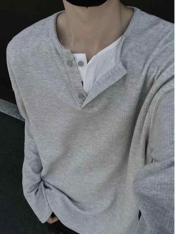 Tシャツ メンズ 男性用 ヘンリーネック 長袖 カットソー 重ね着風 トップス 部屋着 ルームウェア 春秋 ポリエステル 普段使い