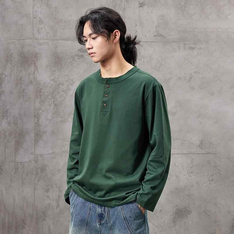 Tシャツ 男性用 アメリカン レトロ 長袖 ヘンリーネック 無地 コットン トップス カットソー 厚手 春秋 カジュアル