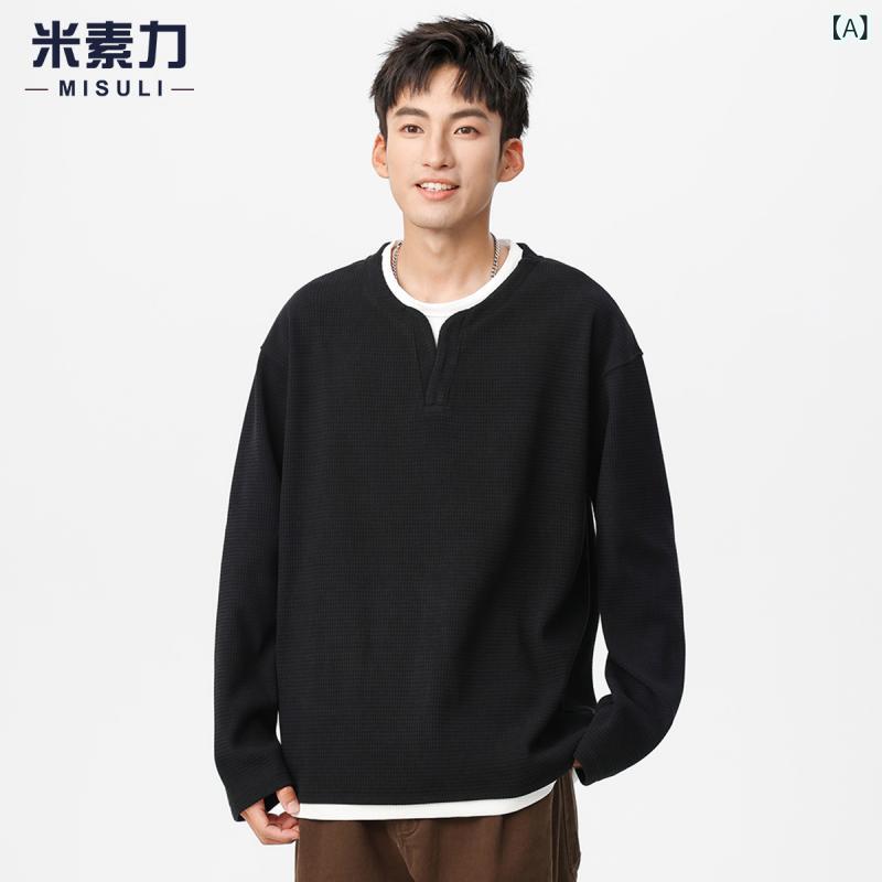 Tシャツ メンズ 秋冬 裏起毛 ワッフル Vネック ヘンリーネック 長袖 カットソー プルオーバー トップス ゆったり 無地 カジュアル
