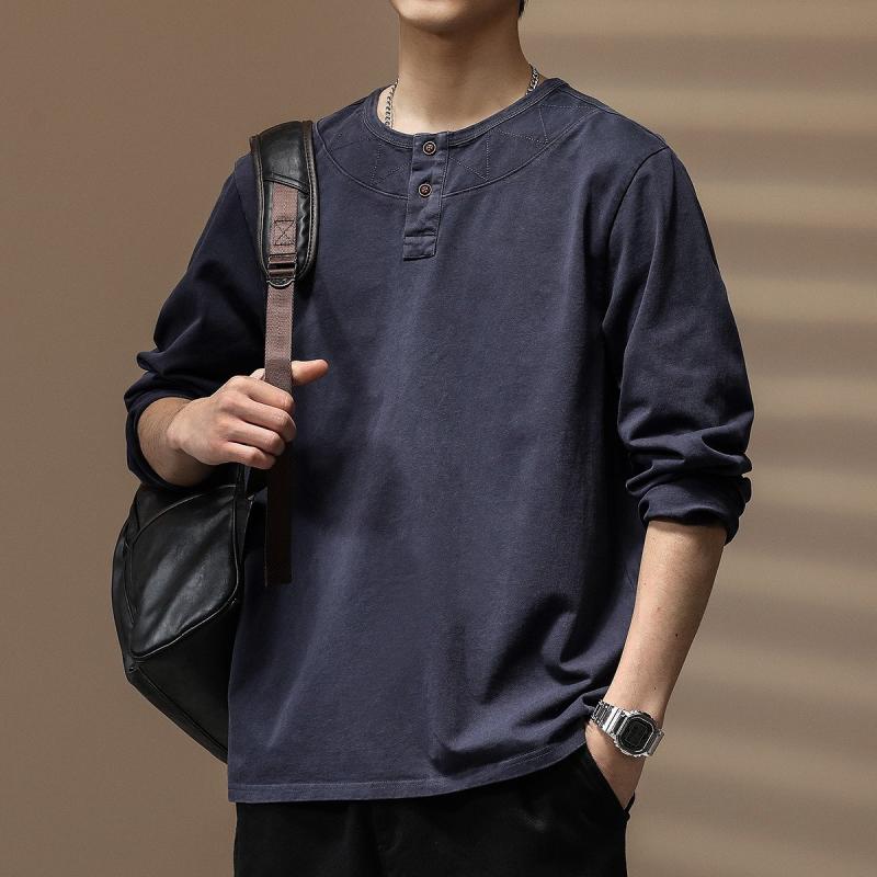 Tシャツ メンズ ヘンリーネック カットソー 長袖 コットン100% 無地 プルオーバー トップス 春 秋 ストリート アメカジ ヴィンテージ風 シンプル カジュアル おしゃれ