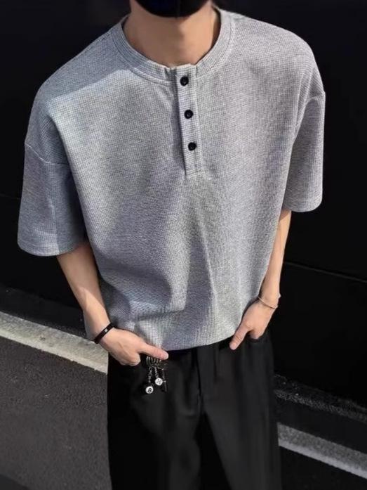 Tシャツ 男性用 ワッフル 半袖 カットソー ヘンリーネック 無地 ポリエステル 接触冷感 トップス 普段使い 部屋着