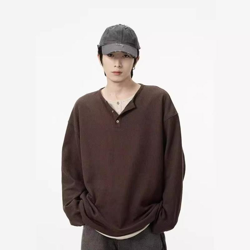 Tシャツ 男性用 レトロ ヘンリーネック 切り替え 長袖 カットソー 秋冬 怠惰感 普段使い ポリエステル混紡 黒 ブラック コーヒー色 カフェオレ