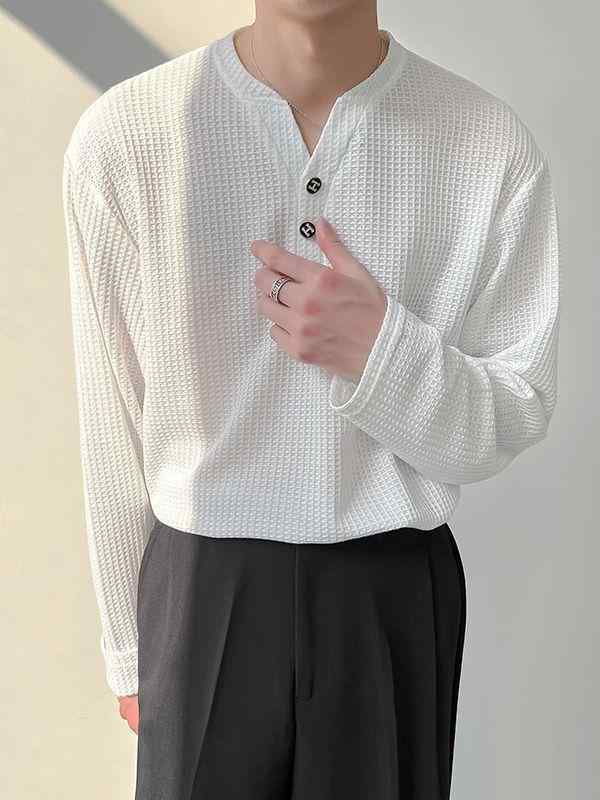 Tシャツ メンズ 美式 ヘンリーネック 長袖 トップス ワッフル Vネック インナーシャツ 接触冷感 吸湿速乾 無地 黒 白 春秋冬