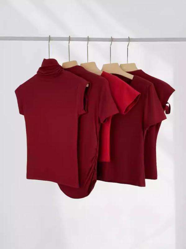 Tシャツ レディース 半袖 スリムフィット トップス コットン混紡 無地 Vネック ラウンドネック スクエアネック 春夏 通勤 きれいめ かわいい 肌触り良い おしゃれ S/M/L/XL/2XLサイズ ワインレッド系