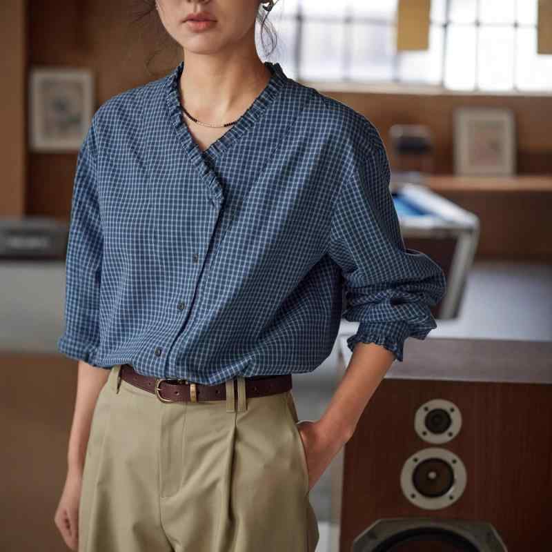シャツ レディース 春夏 Vネック 長袖 トップス 格子柄 コットン ゆったり 普段使い 通勤 オフィス カジュアル スタイル 接触冷感