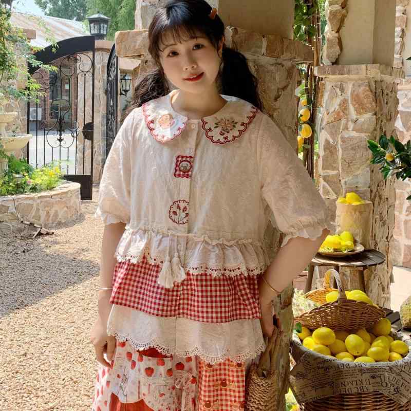 シャツ レディース かわいい ガーリー チェック柄 花柄 レース 半袖 襟付き 刺繍 ショート丈 トップス プルオーバー ゆったり 普段使い お出かけ