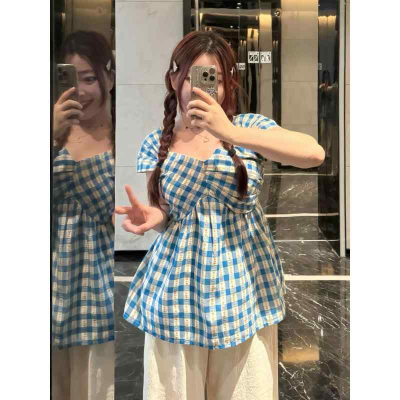 シャツ レディース 大きいサイズ フレンチ レトロ チェック柄 ブラウス 半袖 かわいい 着痩せ ブルー L XL 2XL 3XL 4XL