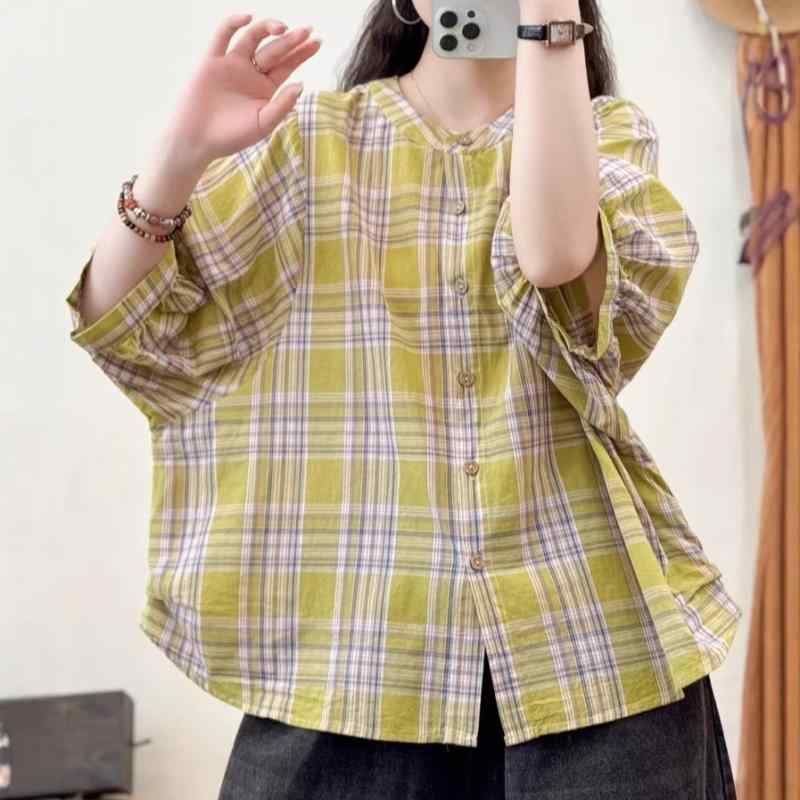 シャツ レディース 格子柄 半袖 コットン ゆったり カジュアル 普段使い オーバーサイズ バックボタン 文芸風 快適 襟付き グリーン ピンク系 ブラウン系(x3)｜トミーショップ 店