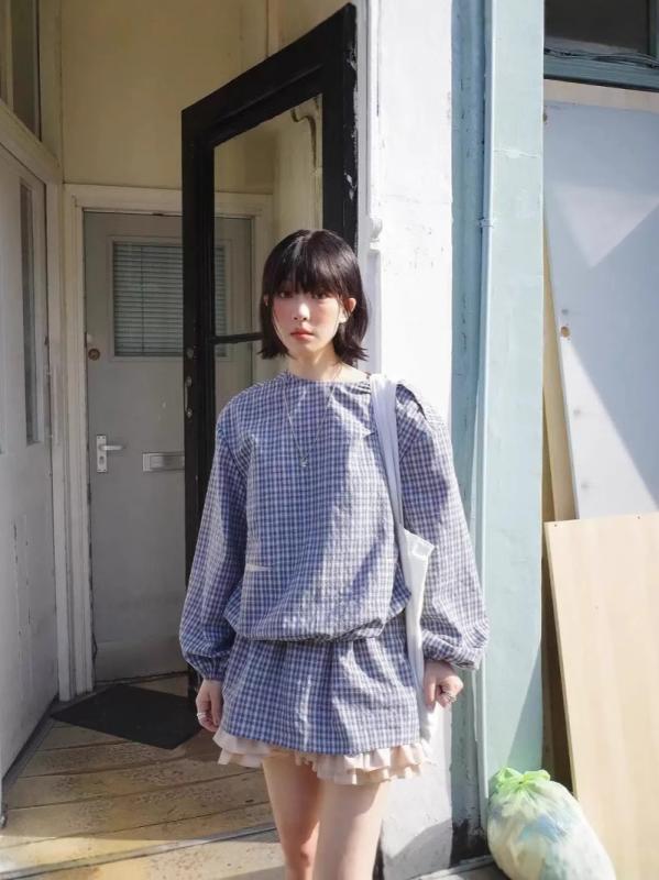 シャツ レディース 韓国風 格子柄 7分袖 襟フリル ブラウス スカート セットアップ 2点セット かわいい ゆったり 日韓スタイル カジュアル 綿