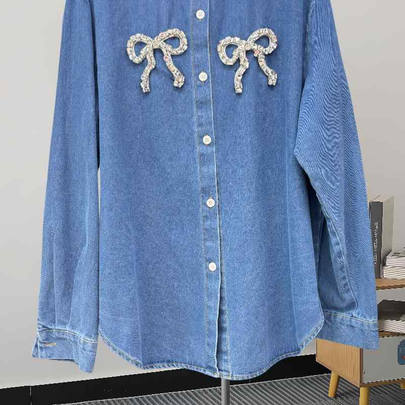 ジャケット レディース 春秋 デニム アウター 蝶結び ブルー系 ダークブルー ポロ襟 ゆったり 通勤 普段使い 气??雅